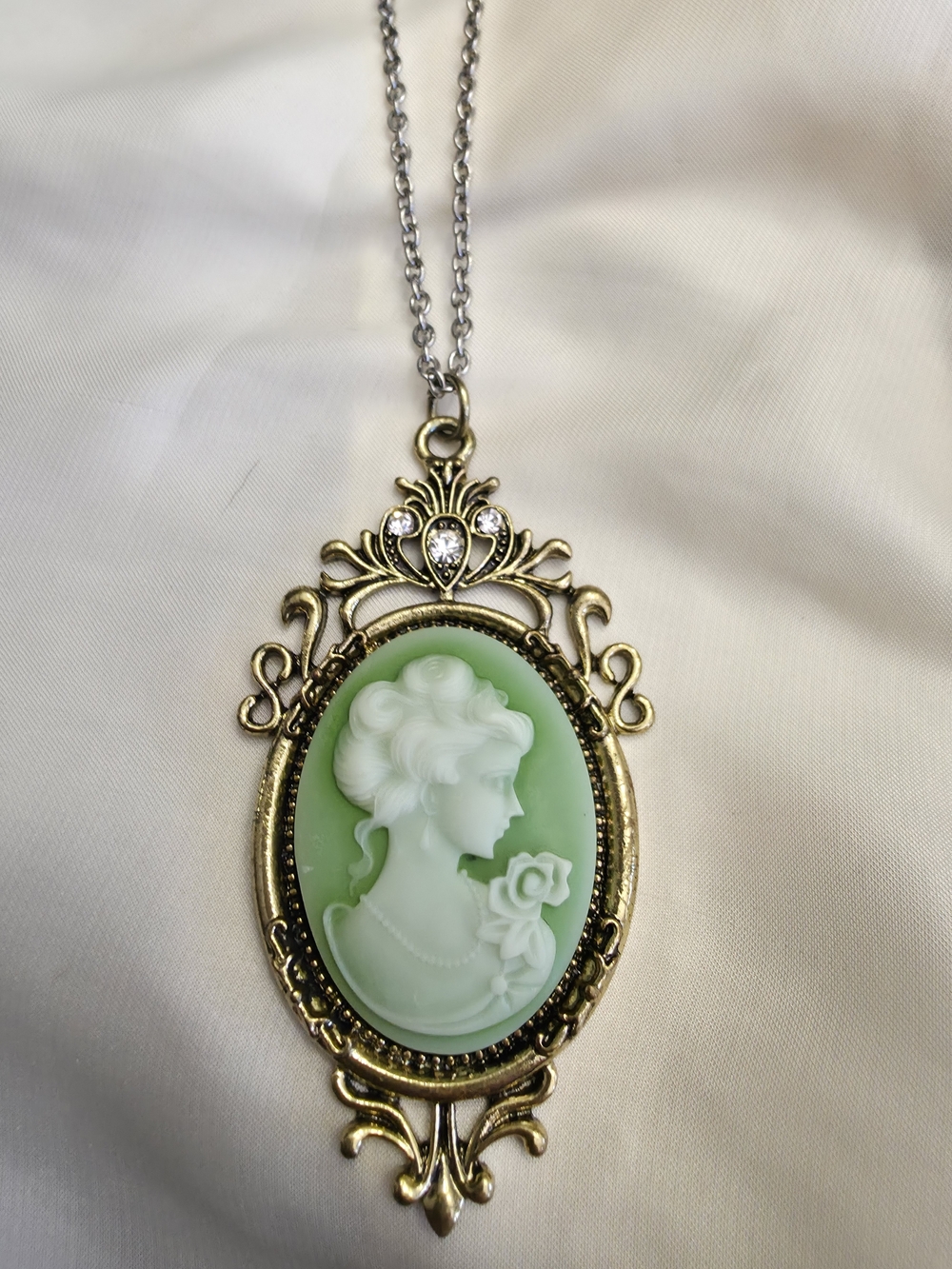 Green Cameo Portrait Pendant In Gold Tone Setting W Clear Austrian Crystals